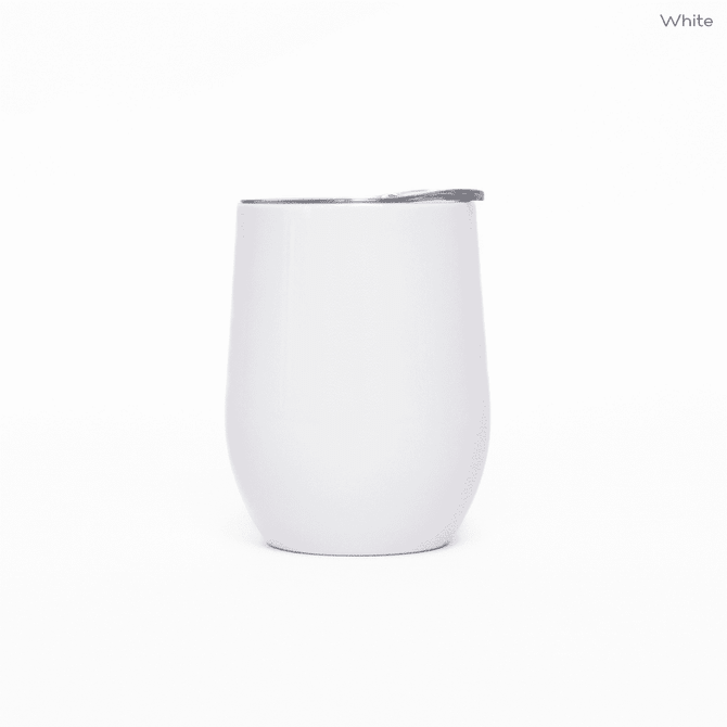 A white metal coffee cup with a silver lid, designed for travel and featuring a logo.