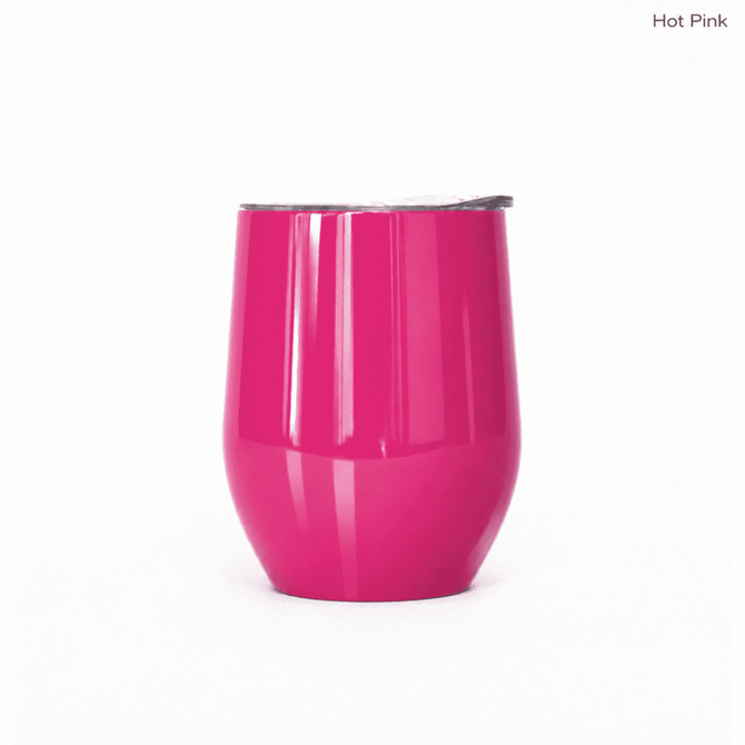A hot pink metal travel mug with a sleek design and a lid, featuring a logo on the side.