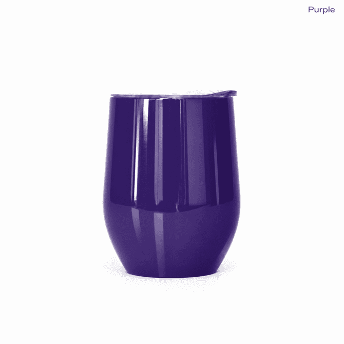 A purple metal coffee cup with a sleek design and a lid, featuring a logo on its surface.