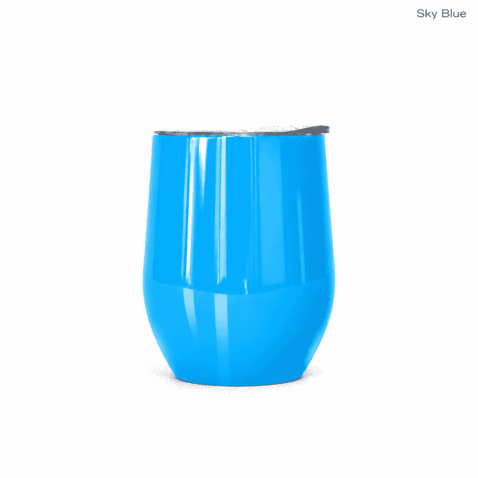 A drink bottle in sky blue with a sleek design and a black lid, featuring a logo.