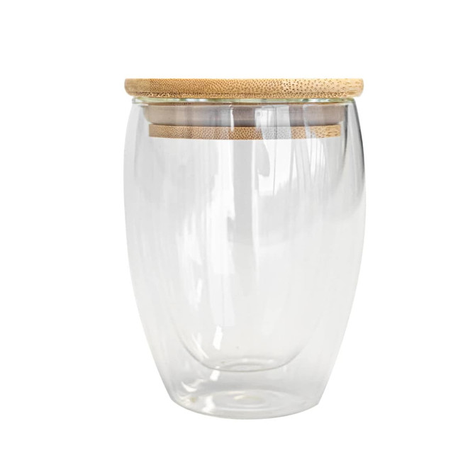 A glass tumbler with a double wall design and a bamboo lid, featuring a transparent finish.