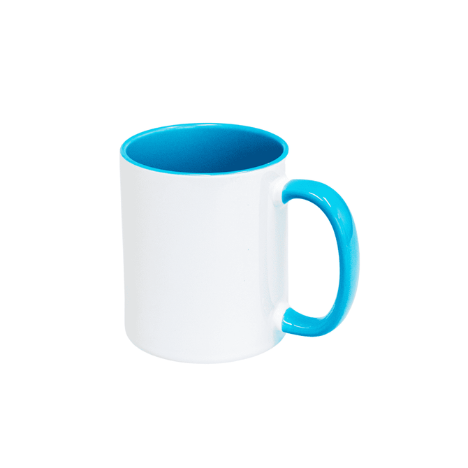 A drinkware mug with a white exterior and a blue handle and interior, featuring a logo. Capacity of 330ml.