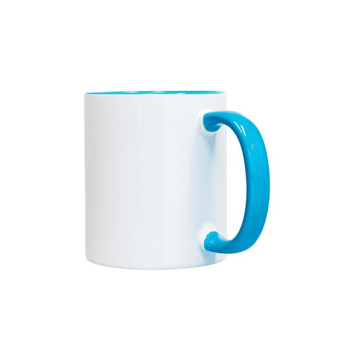 A two-tone sublimation mug featuring a white body and a blue handle and interior. It includes a logo.