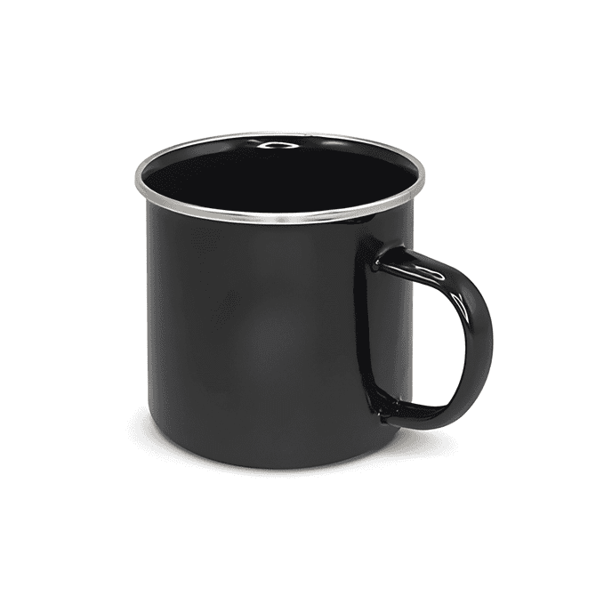 A black enamel camping mug with a silver rim and a sturdy handle, suitable for outdoor use.