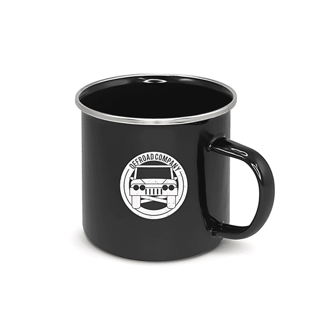A black enamel camping mug with a silver rim and a logo on the side.