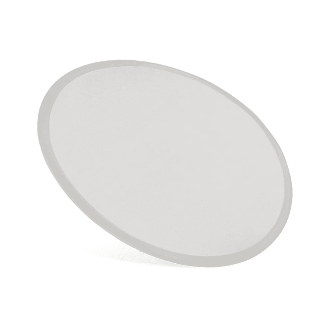 A nylon foldable flyer in a circular shape, featuring a white surface and a grey border.