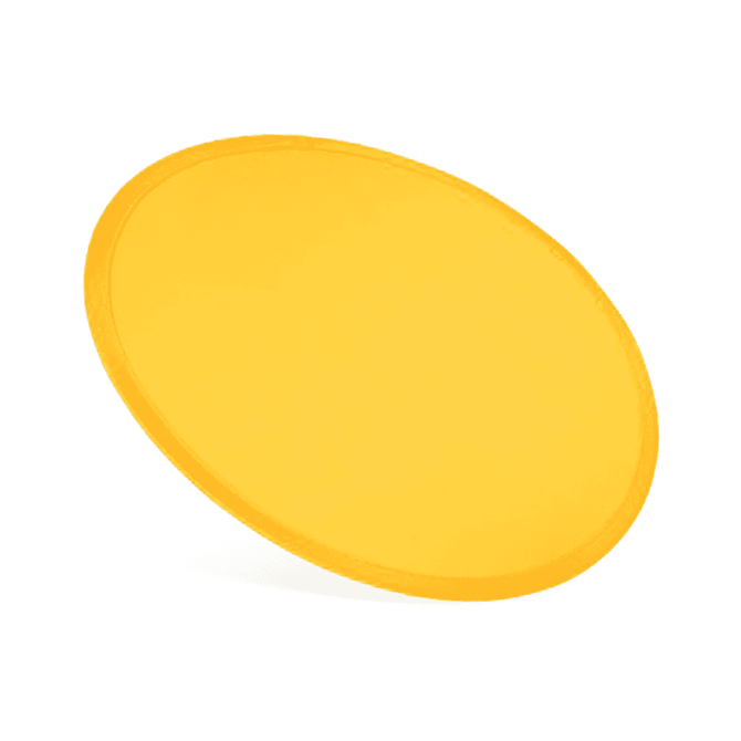 A yellow nylon foldable flyer with a circular shape, designed for fun and games. It features a logo.