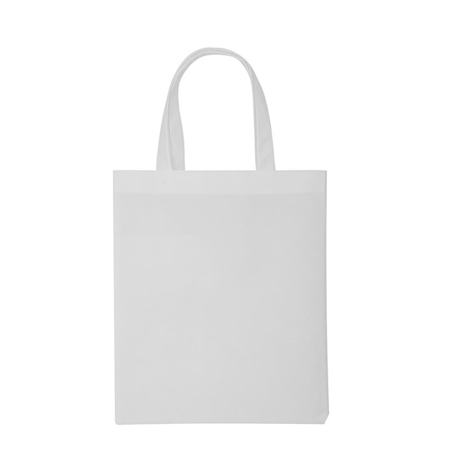 A white tote bag with two handles and a blank surface, featuring a logo on one side.