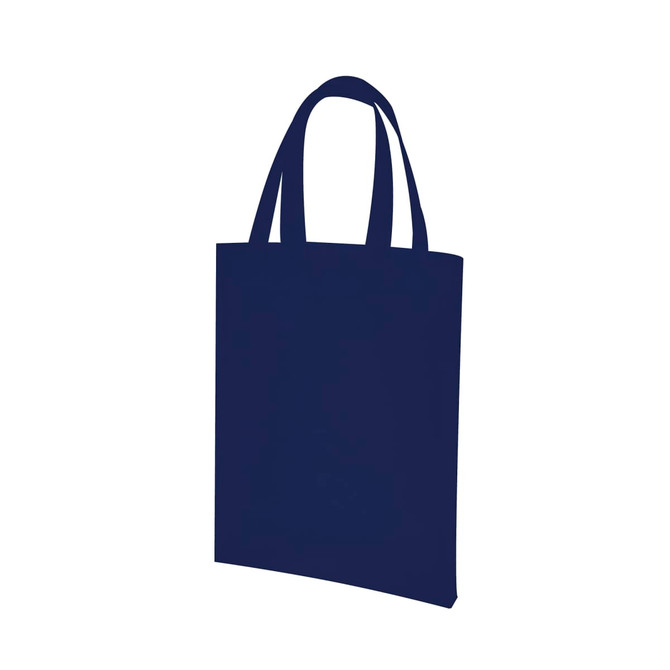 A navy blue tote bag with two handles and a simple design. It has a logo on one side.