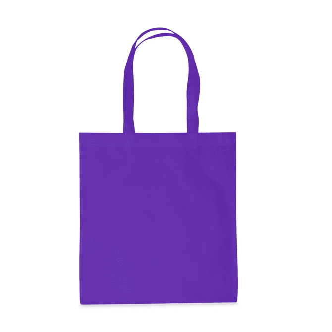 A purple tote bag with two shoulder straps and a simple design. It features a logo.