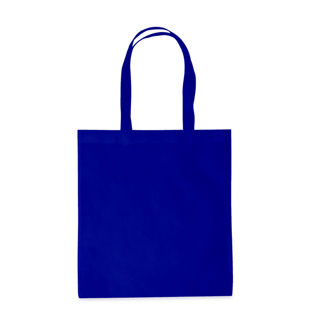 A large blue tote bag with two handles and a simple design. It features a logo on one side.