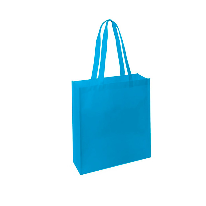 A bright blue tote bag with two shoulder straps and a simple design, featuring a logo.