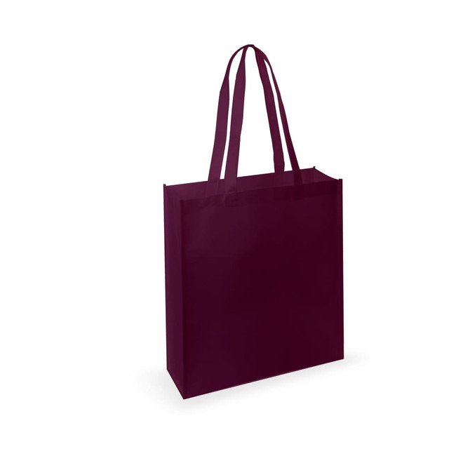 A maroon tote bag with two handles and a plain design, featuring a logo on one side.