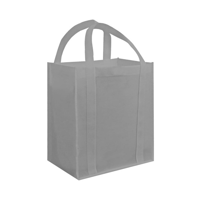 A grey tote bag with two handles and a rectangular shape, featuring a simple design and no logos.