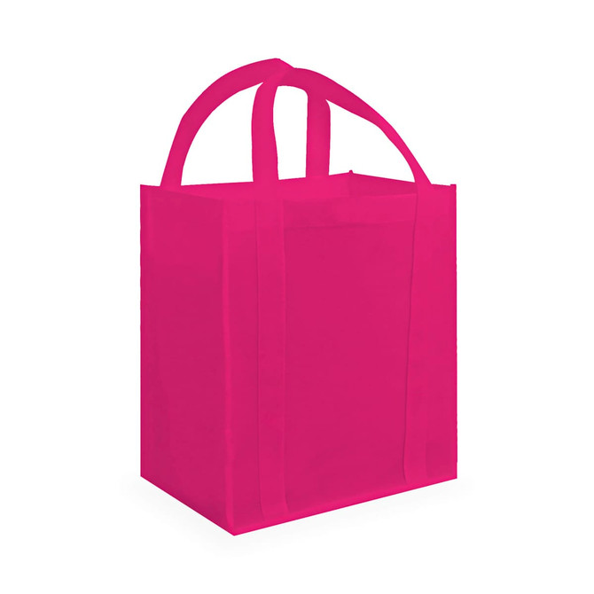 A bright pink tote bag with two sturdy handles and a simple design. It features a plain exterior without additional details.