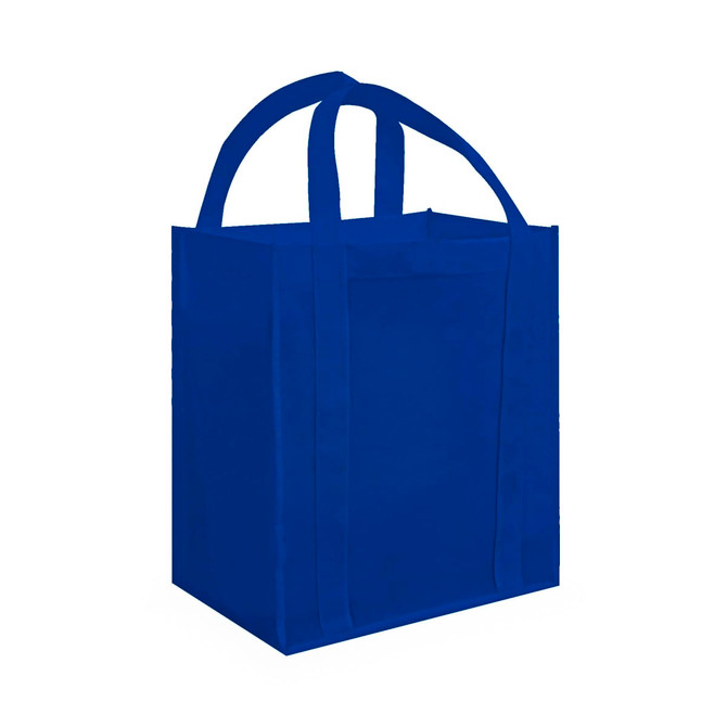 A blue tote bag with two handles and a branded logo on one side. Simple and lightweight design.
