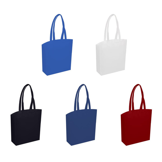A collection of tote bags in blue, white, black, navy, and red, each with two handles and a simple design.