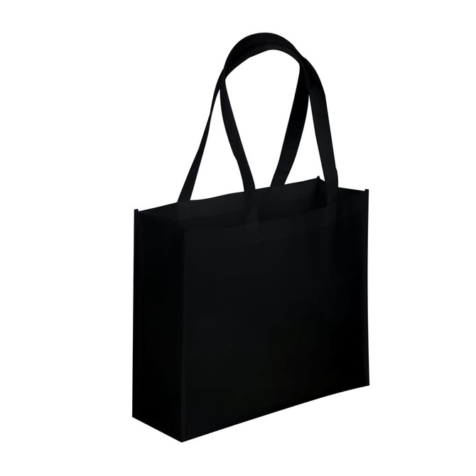 A black tote bag with two handles and a simple design, featuring a logo.