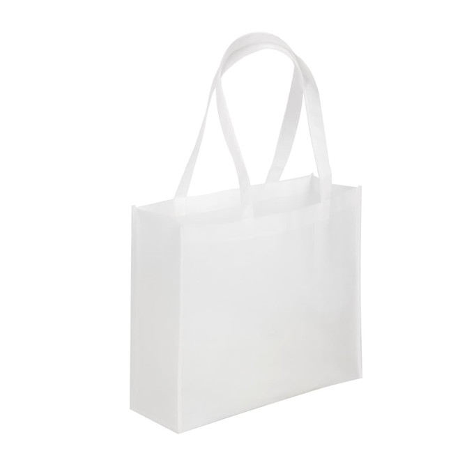 A white tote bag with dual handles and a simple design. The bag features a logo.