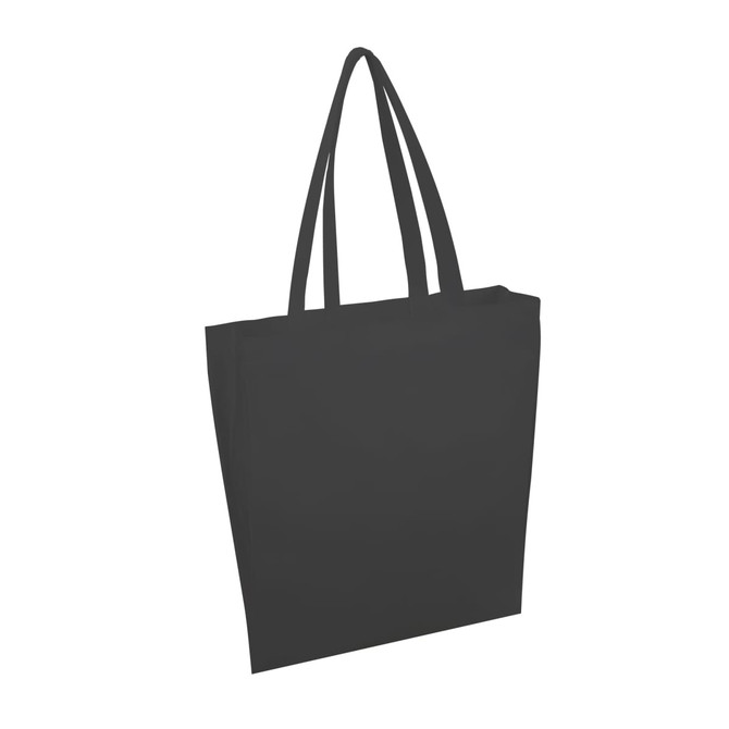 A black tote bag with two handles and a plain design, featuring a logo on one side.