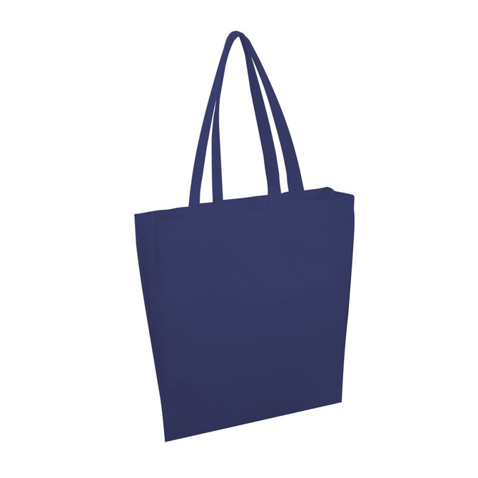 A navy blue tote bag with two handles and a simple design. The bag features a logo on one side.