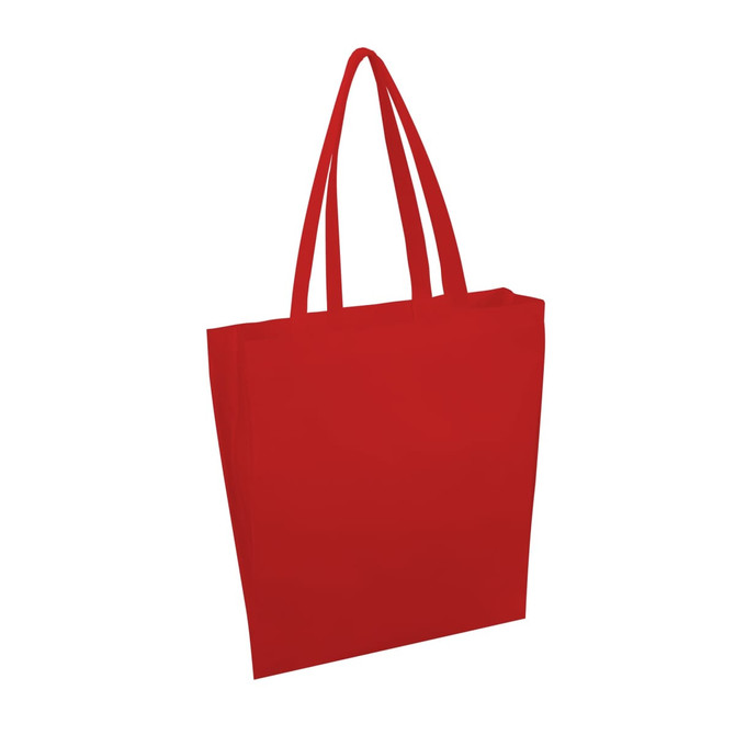 A red tote bag with two handles and no visible branding.