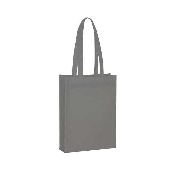 A grey non-woven tote bag with two handles and a logo on the front. Suitable for promotional use.