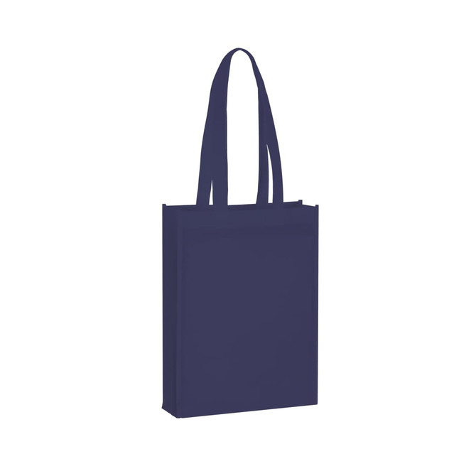 A navy blue non-woven tote bag with two long handles and a simple design. It has a logo on one side.