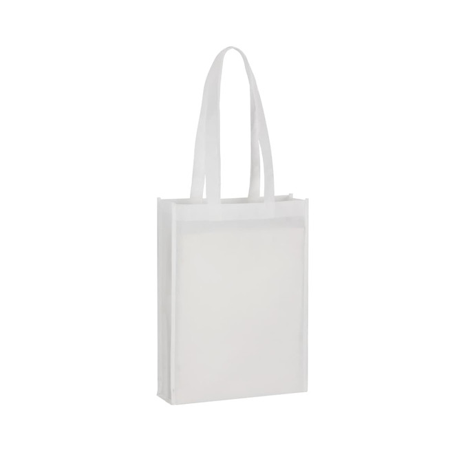 A white non-woven tote bag with two handles and a branding logo.