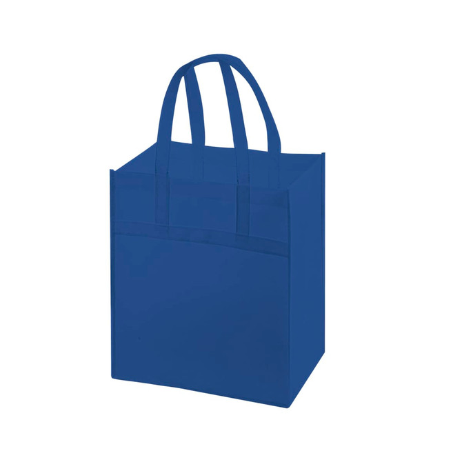 A large blue non-woven shopping bag with two handles and a flat base. It features a pocket on the front and has a logo.