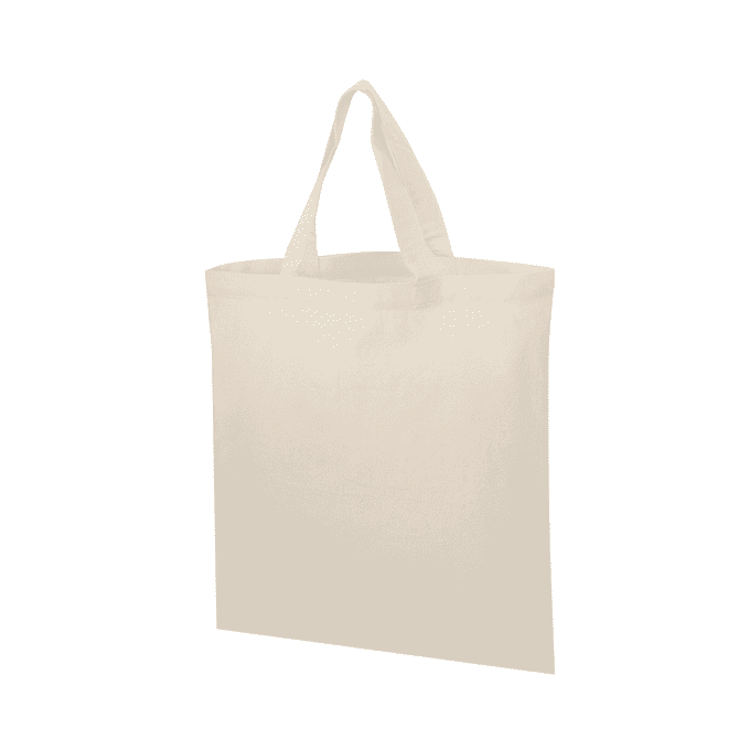 A neutral-toned tote bag with short handles and a simple design. The bag has a logo on the front.