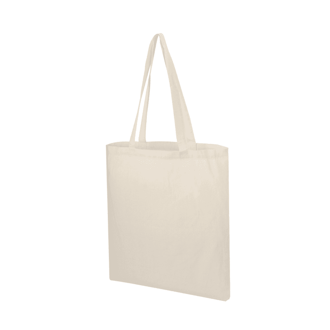 A cream-coloured tote bag with long handles and a simple design. It features a logo on one side.