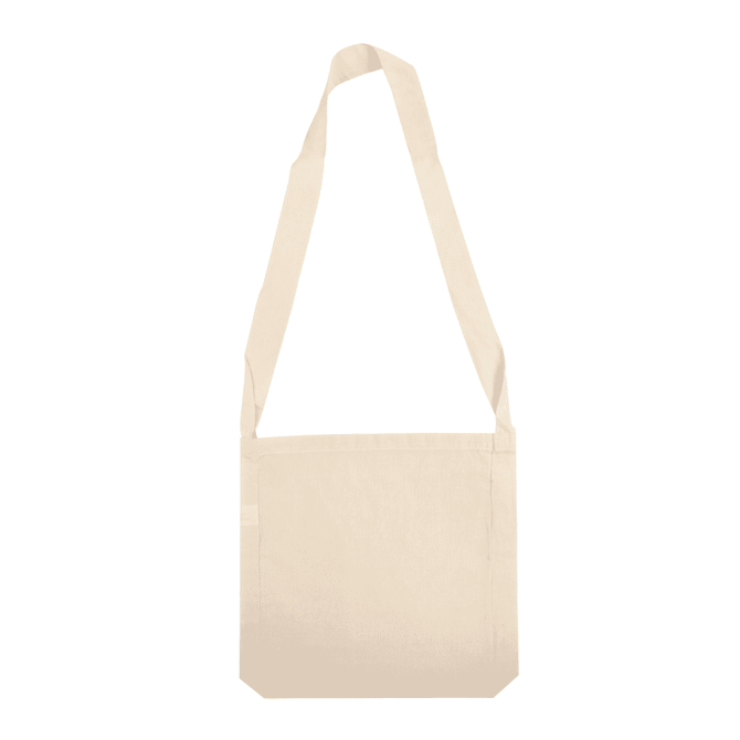 A beige sling bag featuring a long strap and a simple design. It includes a branding logo.