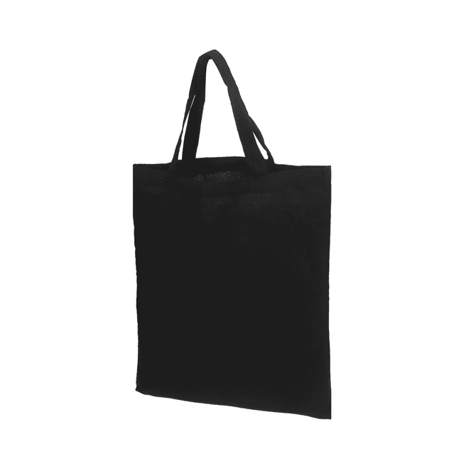 A black calico tote bag with short handles and a simple design, featuring a logo.