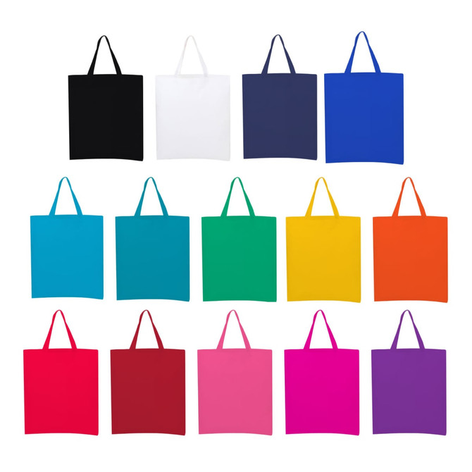 A collection of coloured calico tote bags in various shades including black, white, blue, green, yellow, red, and pink with short handles.