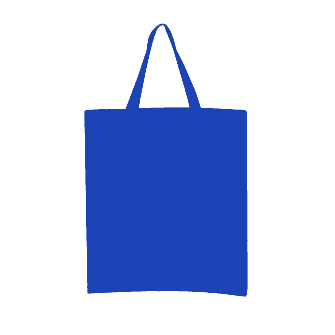 A blue calico tote bag with short handles and a blank surface, featuring a logo.