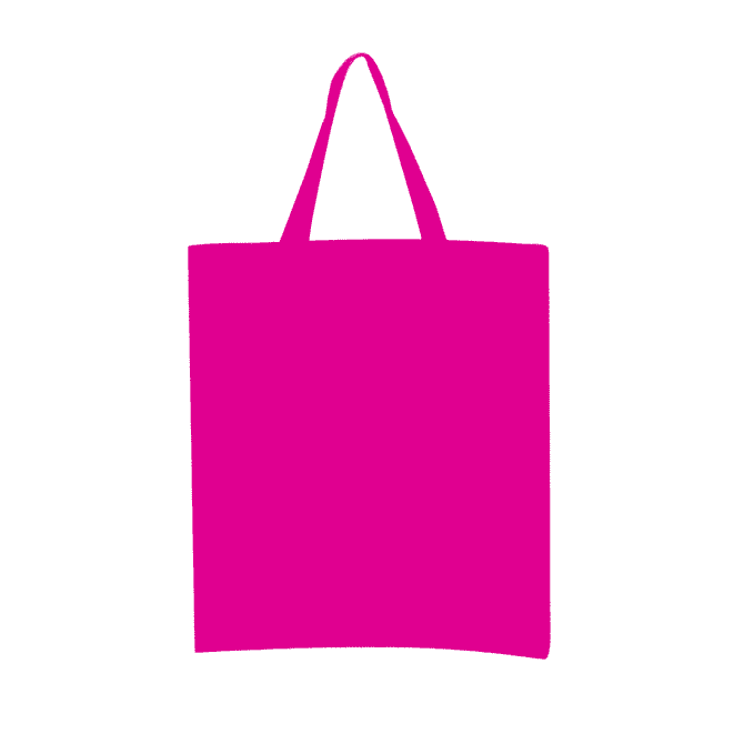 A bright pink calico tote bag with short handles and a blank surface, featuring a logo.