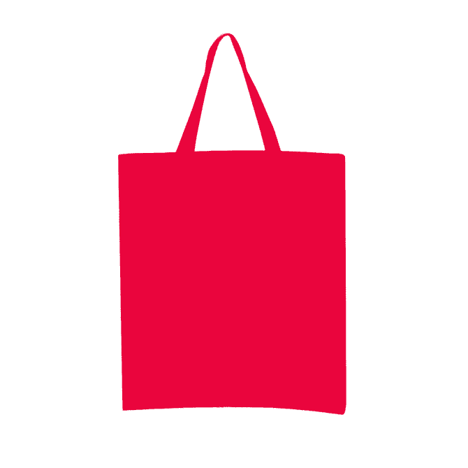 A red calico tote bag with short handles, featuring a plain design and a logo.