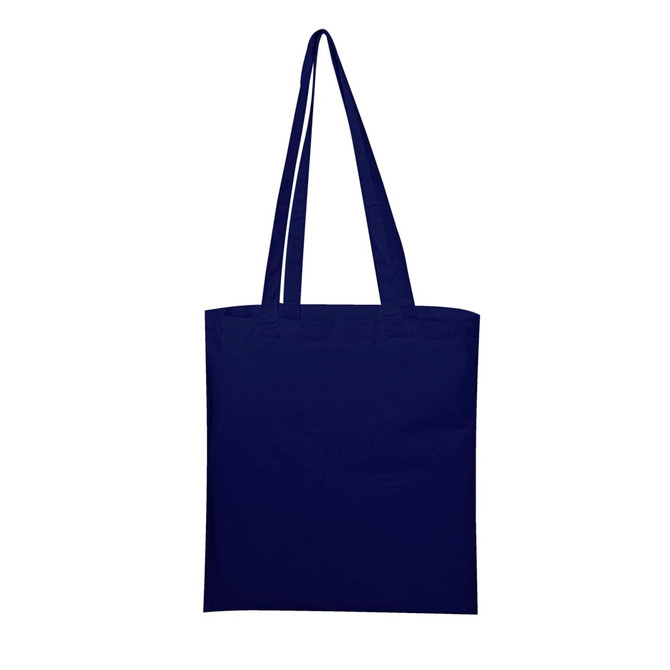 A navy blue tote bag with long handles and a plain design. It features a logo.