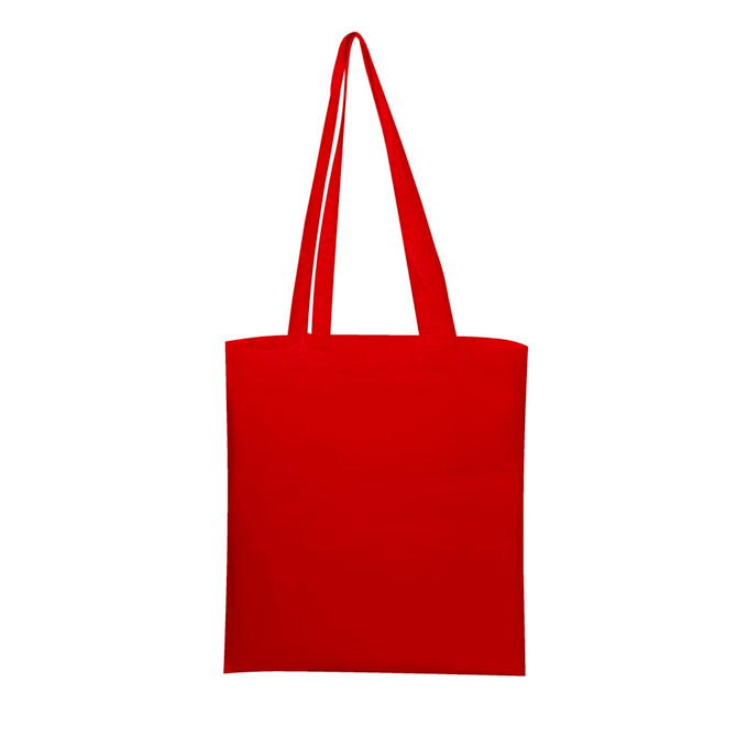 A red calico tote bag with long handles and a basic design, featuring a branding logo.