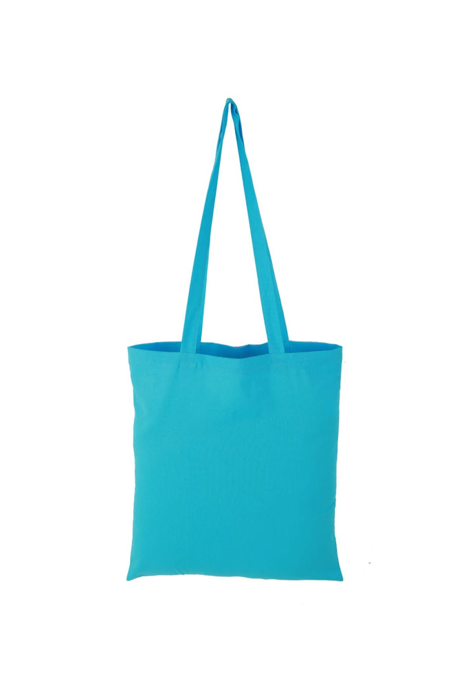 A turquoise tote bag with long handles and a simple design. It features a logo on one side.