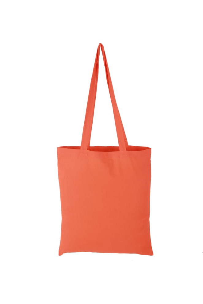 A coral-coloured tote bag with long handles and a simple design. It features a logo on one side.