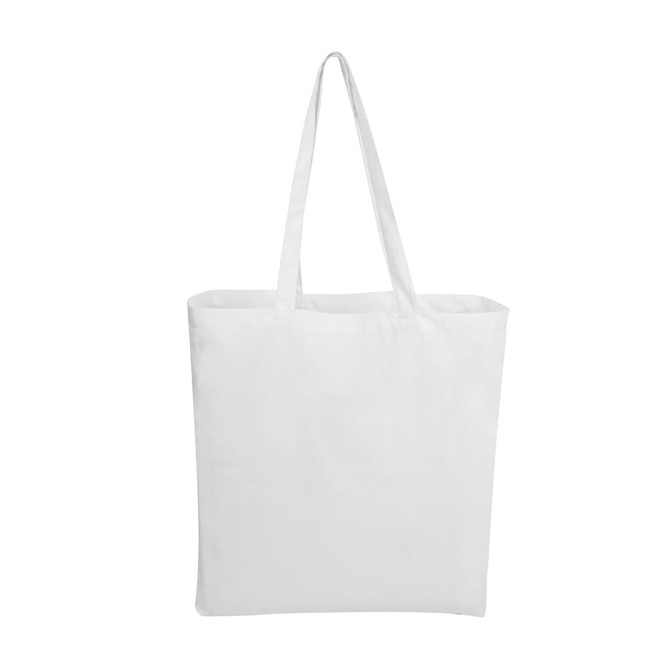 A white calico tote bag with long handles, featuring a simple design and an empty interior.