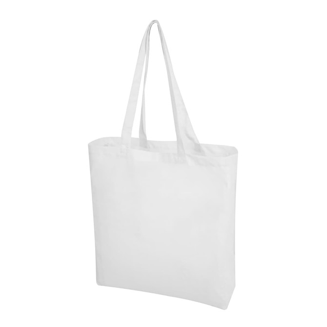 A white calico tote bag with long handles, featuring a simple design and no visible branding.