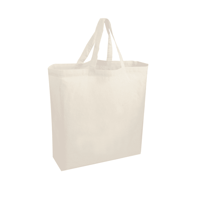 A cream-coloured cotton tote bag with two handles and a plain design, featuring a logo.