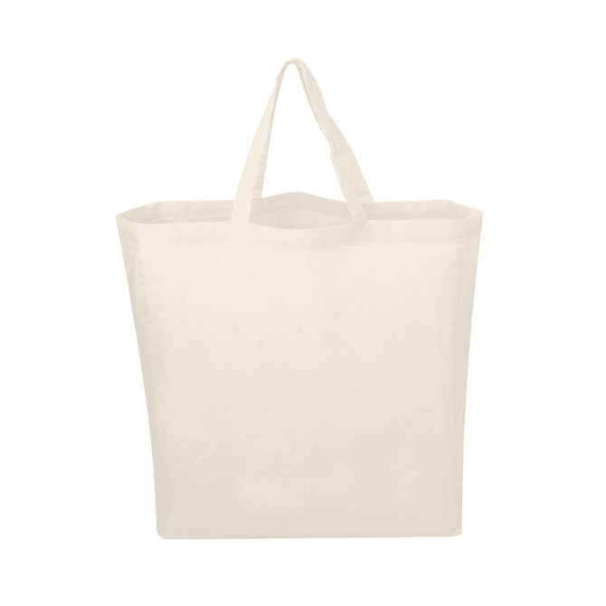 A cream cotton tote bag with two handles, featuring a simple design and no visible branding.