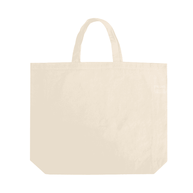 A cream-coloured cotton tote bag with two handles and a small logo on one side.