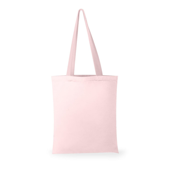 A pink tote bag with long handles, featuring a blank surface and a simple design. Includes a logo.