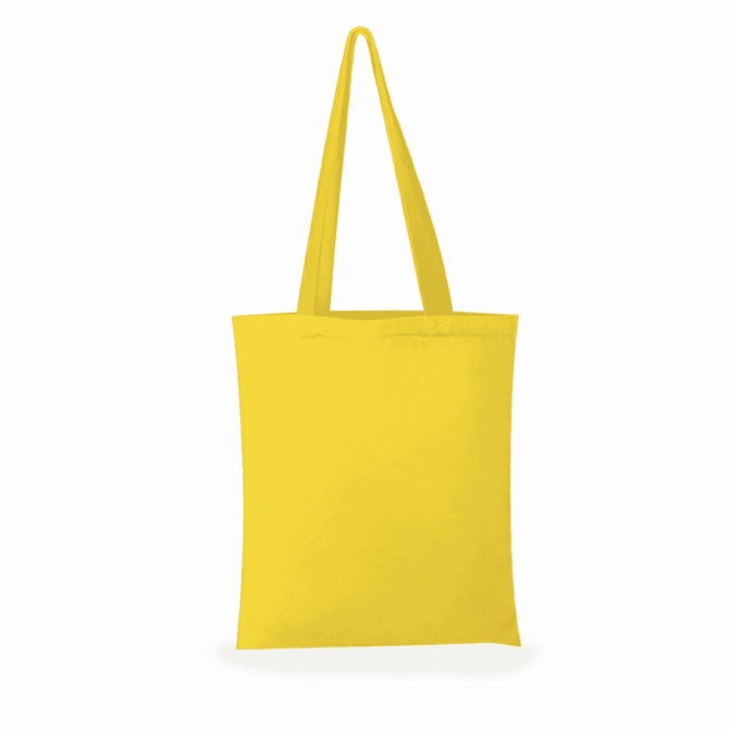 A yellow tote bag with long handles and a simple design, featuring a logo.