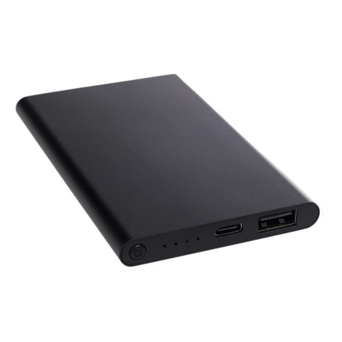 A black power bank with USB and USB-C ports, featuring a power button and LED indicators.